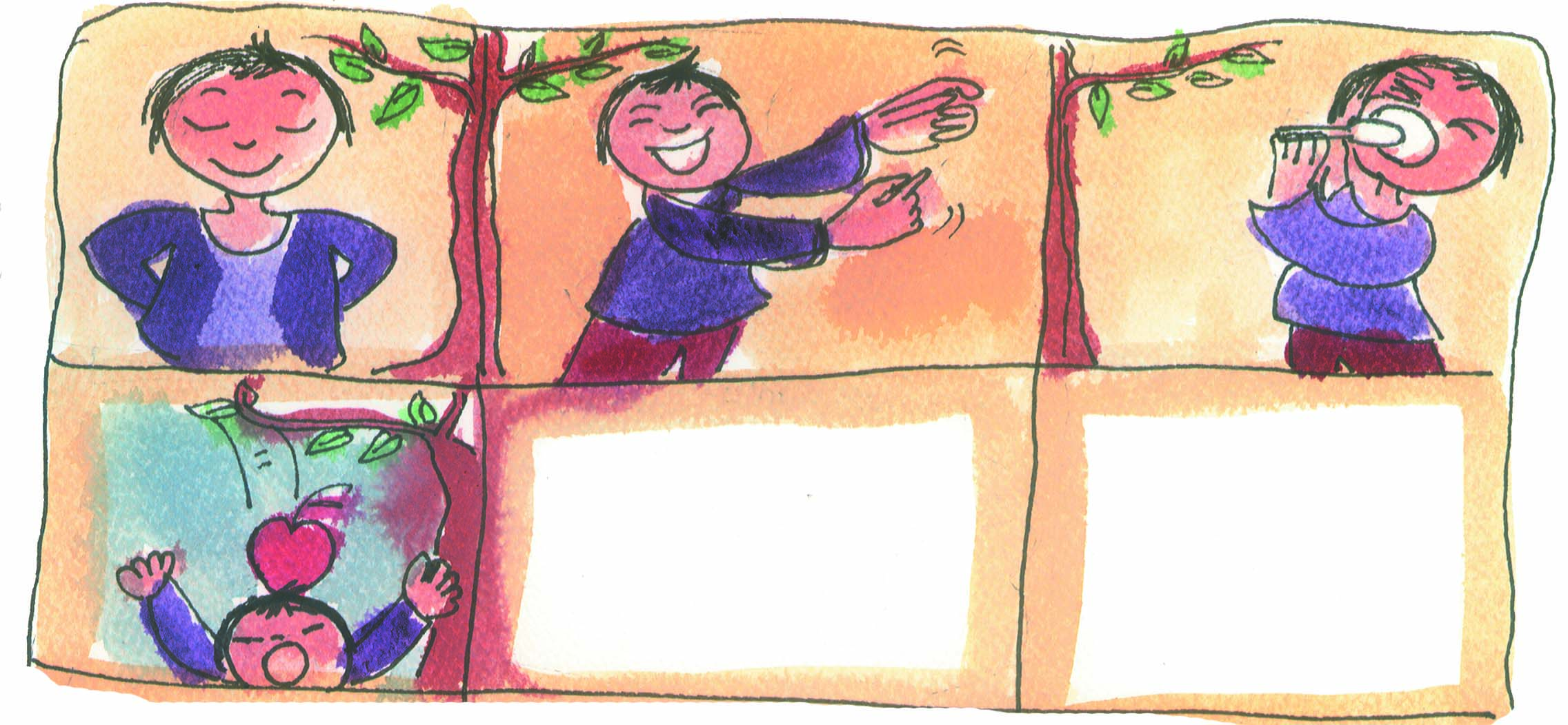 A child with closed eyes,A child snapping the fingers,A child gulping a medicine and A fruit falling on the head of a child.