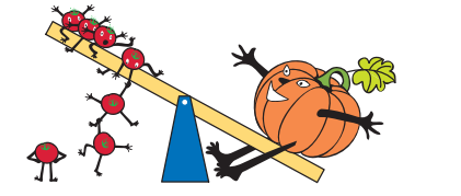 A seesaw with pumpkin on the heavier side and tomatoes on the other side.