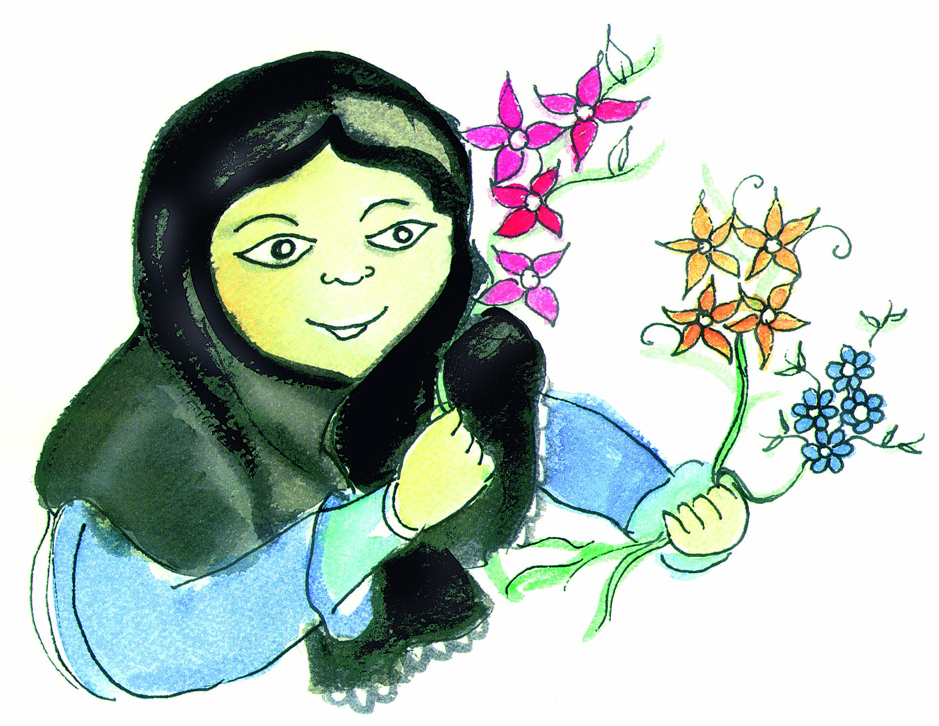 A girl holding bunches of flowers.