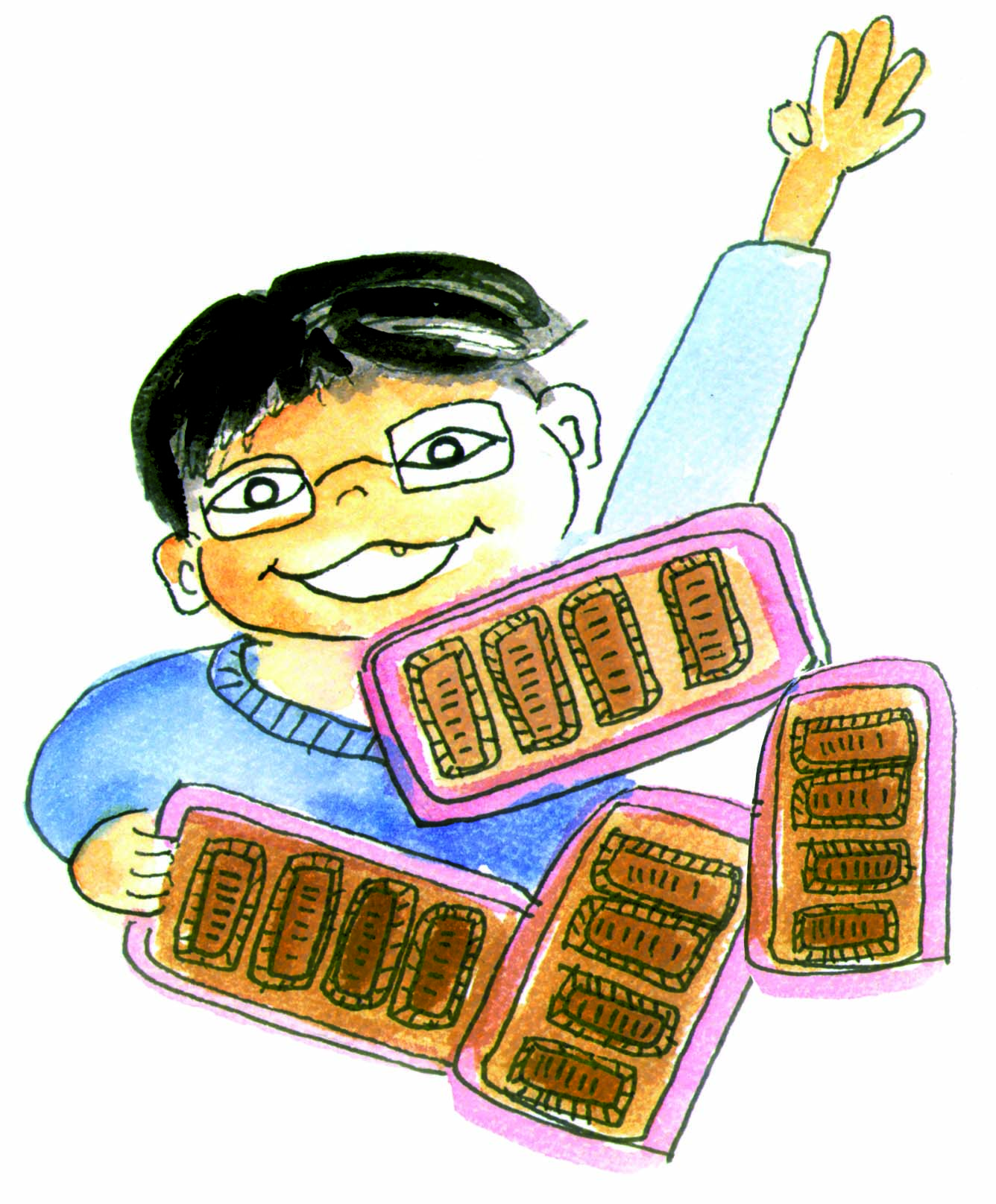 Boy holding four packets of biscuits.