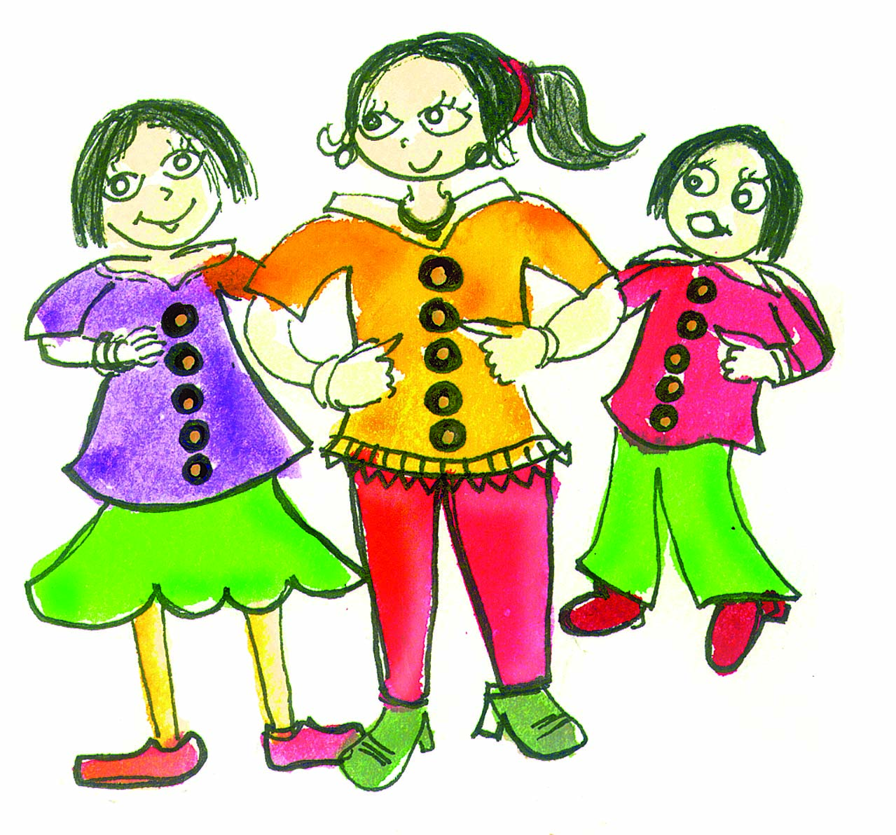 Three girls showing buttons in their shirts.