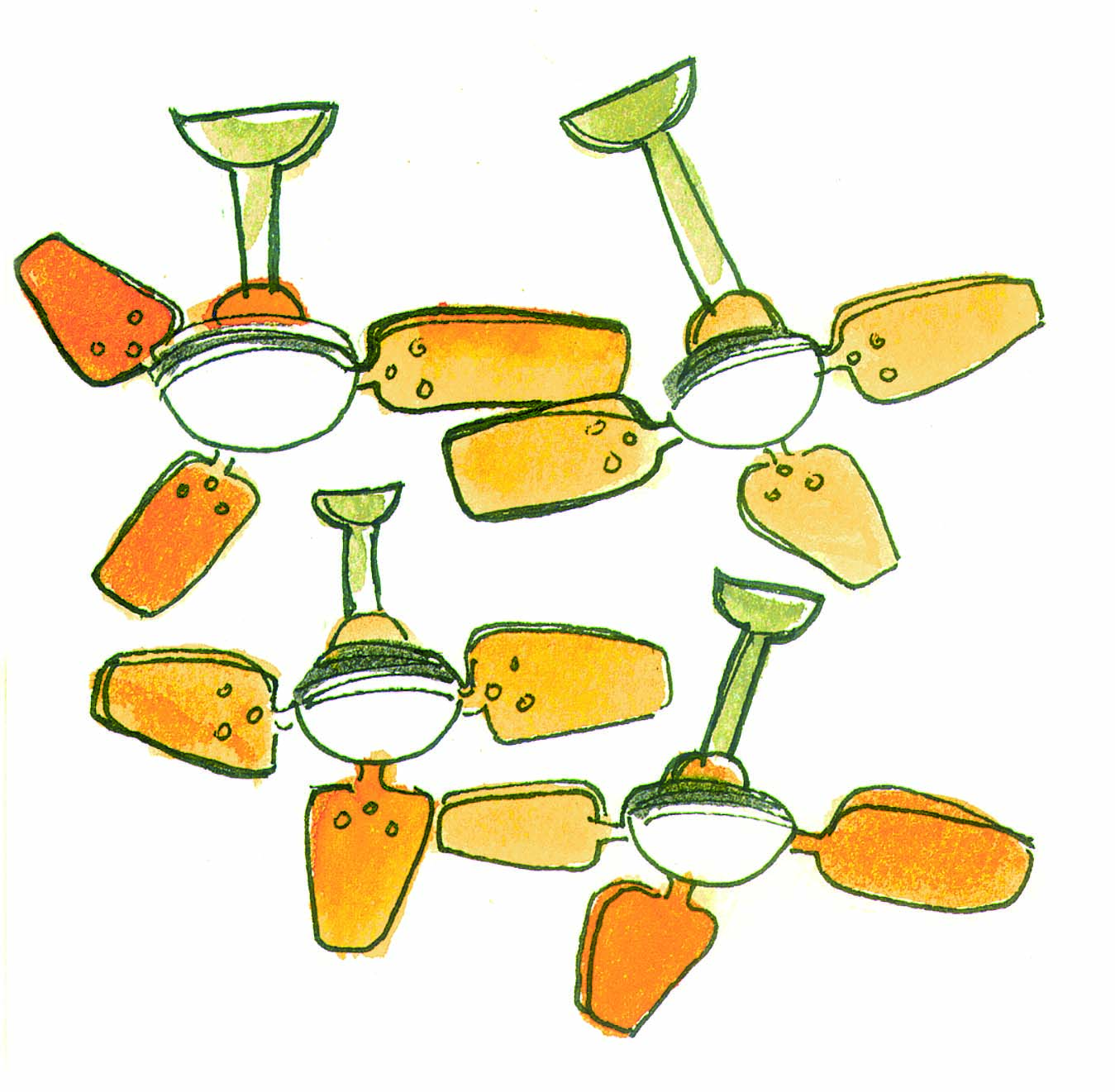 Four fans with three blades each.