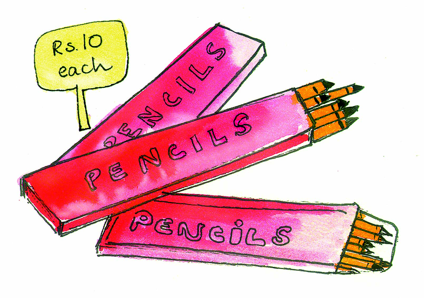 Pencil boxes costing Rs. 10 each.