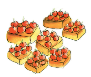 Seven boxes with six apples each.