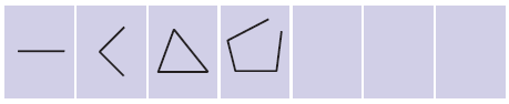 A line, an open triangle facing left, a closed triangle, an open figure with four sides.