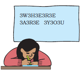 A girl writing a secret message, "3W3H3E3R3E 3A3R3E 3Y3O3U"