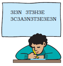 A boy writing a secret message, "3I3N 3T3H3E 3C3A3N3T3E3E3N"