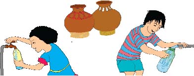 A boy and a girl filling bottles from the taps so as to fill their big pots.