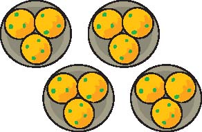 Four plates with three laddoos each.