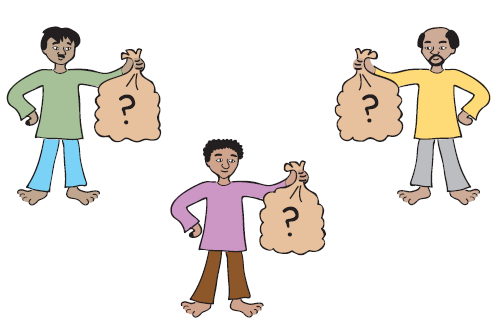 Three men holding sacks with a question mark.