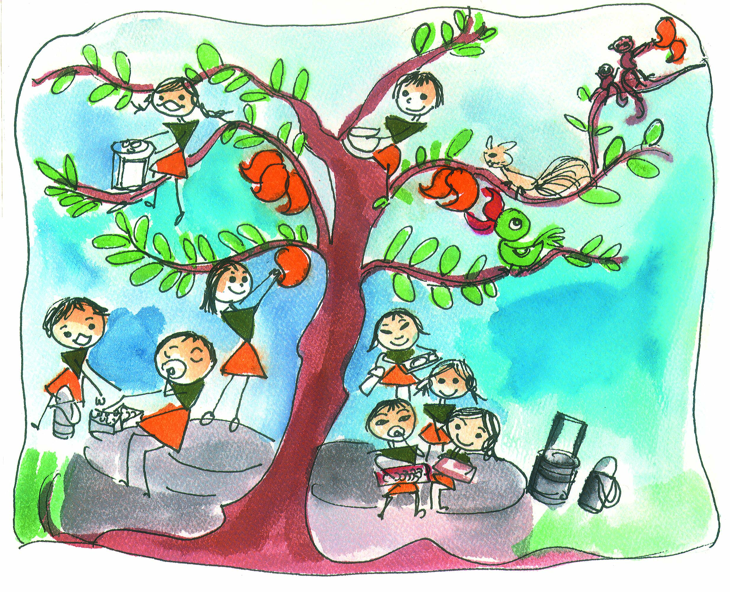 Children eating food under a mango tree. Some are climbing the tree.