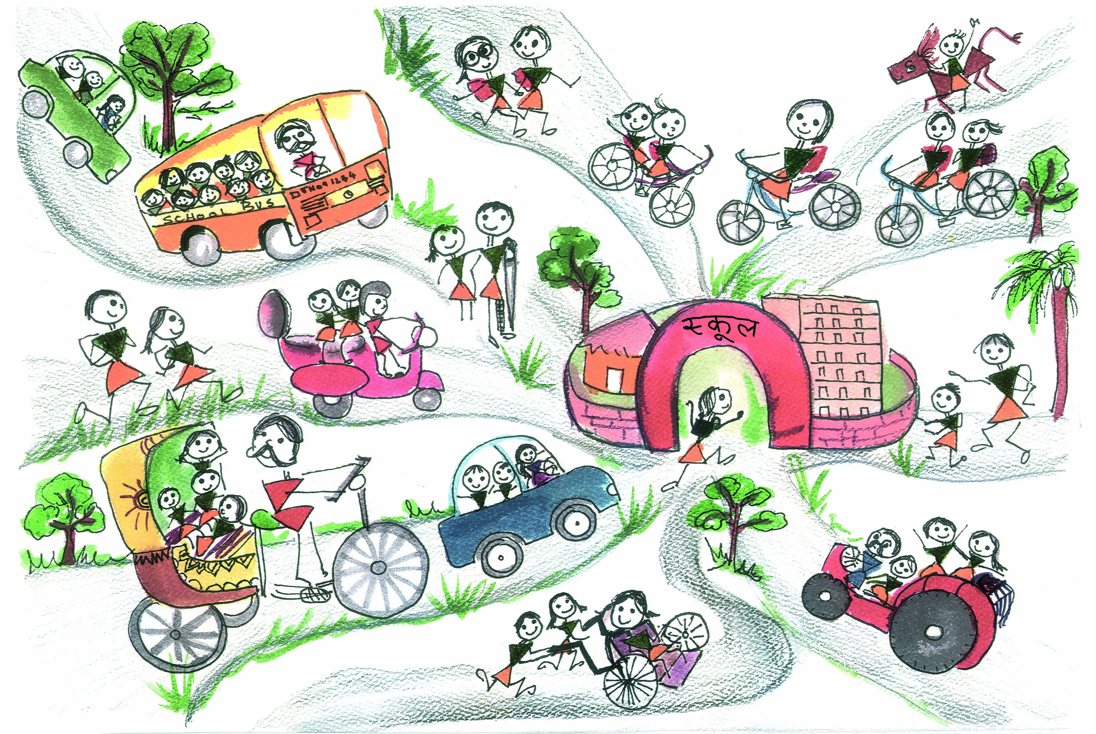 Children coming to school using different modes of transportation.