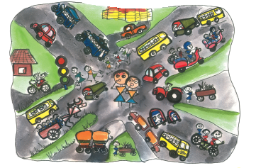 A traffic scene with a four sided road, lots of vehicles and people crossing the roads.