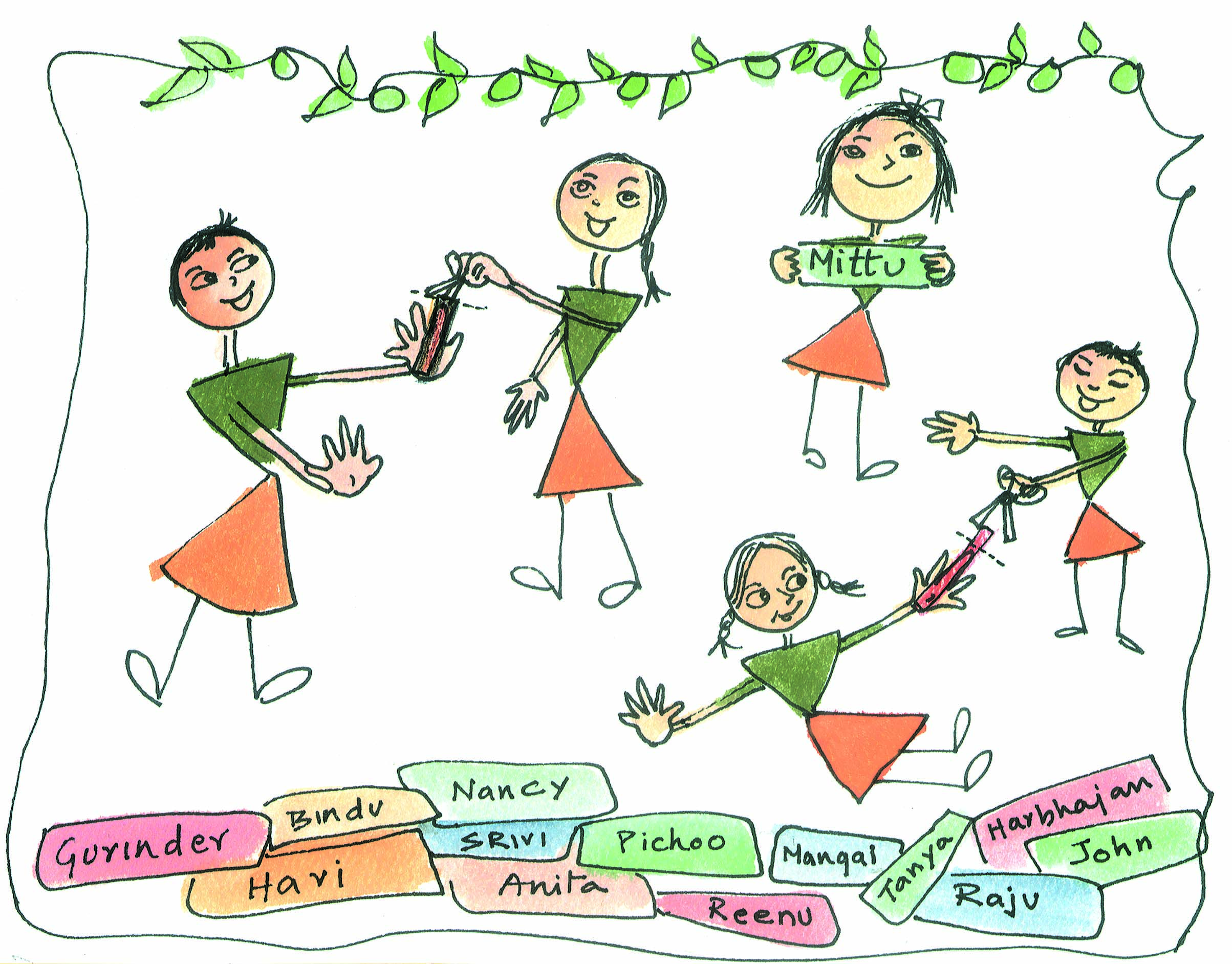 Students cutting strips of paper and measuring each other's hands and then writing names on the strips.