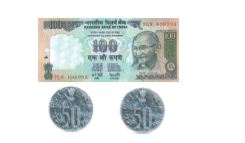 A hundred rupee note and two 50 paise coins.
