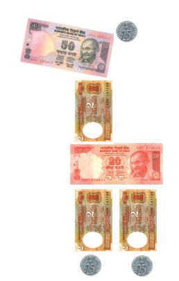 A fifty rupee, a twenty rupee, three 2 rupee notes and three 15 paise coins.
