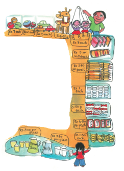 At a shop, price of balls is Rs 7 each, toy Rs.2 each, car at Rs 15 each, Giraffe toy at Rs 6.50 each, Dolls at Rs. 8 each, notebooks at Rs. 5 each, Rs. 2.50 per pencil, eraser at Rs 1 each, toffees at Rs. 0.50 each, Biscuits at Rs 4.50 per packet, bananas at Rs 1.50 each, milk glass at Rs 3.50 per glass and lemon juice at Rs. 3per glass.