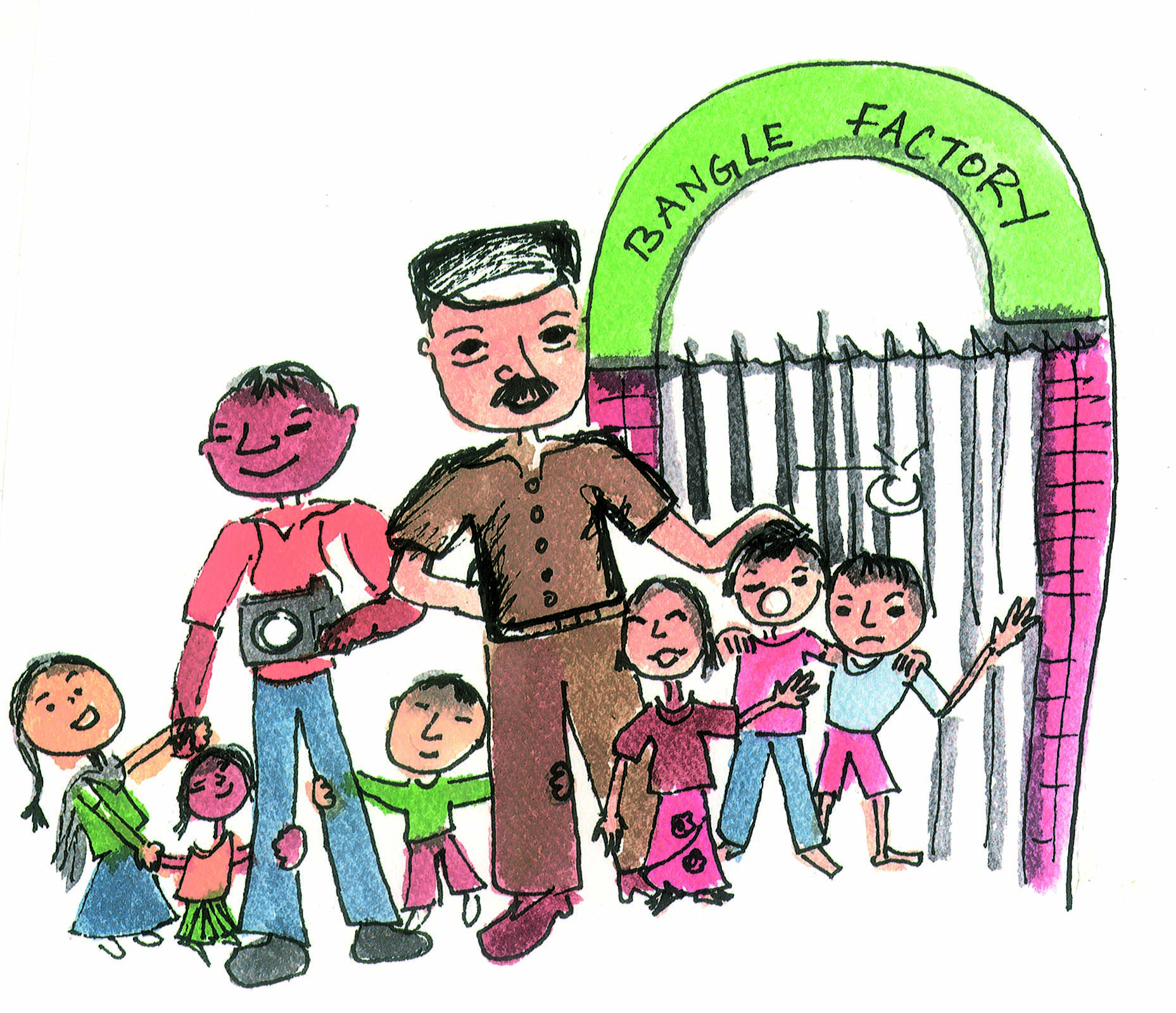 A policeman and some children outside a bangle factory.