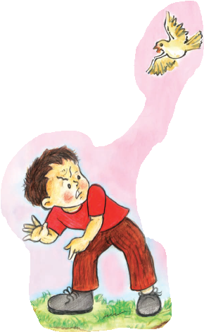 बच्चा चिड़चिड़ाता हुआ पक्षी देख रहा है। 