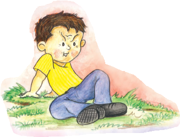 गुस्से में बच्चा घास पर बैठा है। 