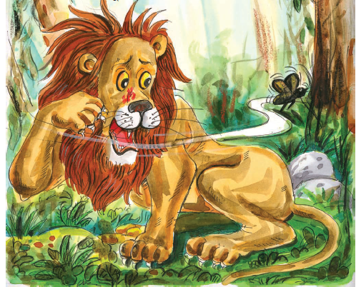 शेर गुस्से में मक्खी को पंजा मार रहा है और उसकी नाक से खून आ रहा है। 