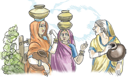 अम्मा कुछ औरतों से मटके में पानी भरने को लेकर झगड़ रही है।