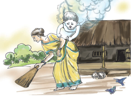 बूढी अम्मा आँगन में झाडू लगा रही है और आसमान उसको तंग कर रहा है। 