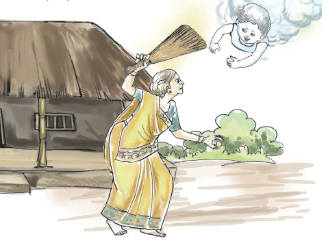 अम्मा आसमान को झाडू से मार रही है।