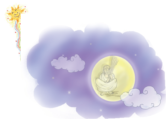 उदास अम्मा चाँद पर झाडू पकड़ कर बैठी है।