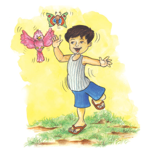 बच्चा पक्षी और तितली से खेल रहा है।