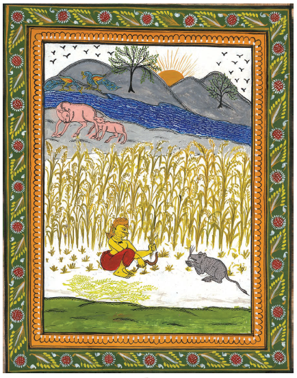 आदमी धान काट रहा है और मूस खा रहा है। 