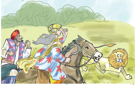 किसान और उसकी बीवी घोड़ा पर बैठकर शेर के पास जा रहे हैं।