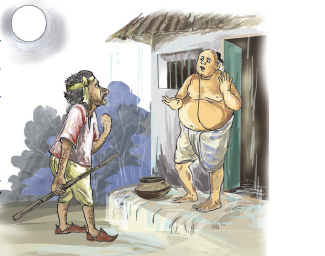 धोबी अपना मोटा लट्ठ लेकर पंडित जी से बात कर रहा है।