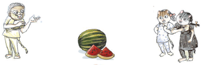 बंदर, तरबूज और सफेद और काली बिल्ली। 