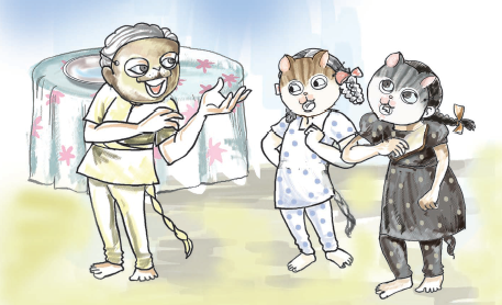 बंदर काली और सफेद बिल्ली से बात कर रहा है। 