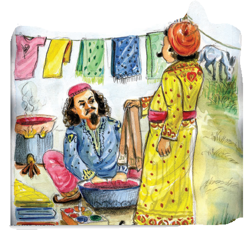 सेठ अवंती को कपड़ा दे रहा है। 