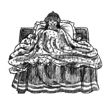 एक लड़की टोपी पहने बिस्तर में राजाई डालकर बैठी है।  