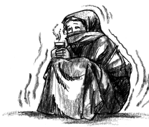 शॉल लपेट कर आदमी गरम चाय पी रहा है। 