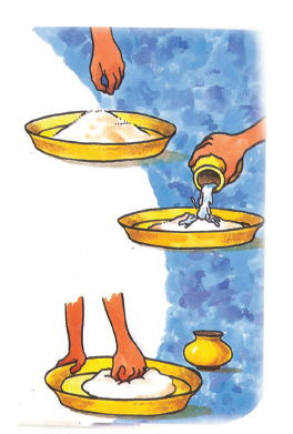 एक प्लेट में आटा पड़ा है, फिर उसमे पानी डाला  और हाथों से गूँध लिया। 