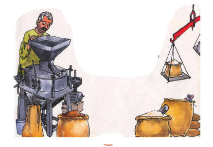 आटा चक्की में आदमी गेहूं पीस रहा है। 