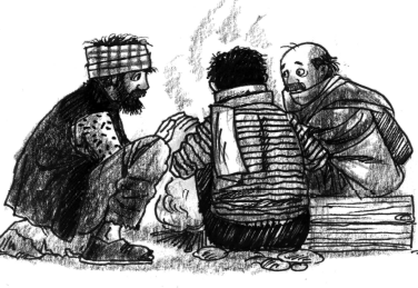 तीन आदमी आग के आगे बैठकर हाथ सेक रहे हैं। 