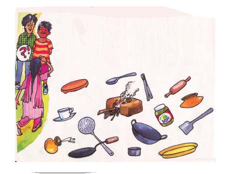 रसोई से जुड़े कुछ चीज़ों के चित्र बने हैं। 