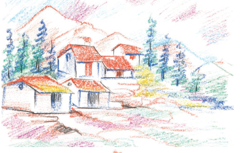 पहाड़ पर कुछ घर बने हैं। 