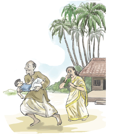 छोटे बच्चे को उसके नाना गोदी में उठाकर ले जा रहे हैं और नानी परेशान खड़ी है। 