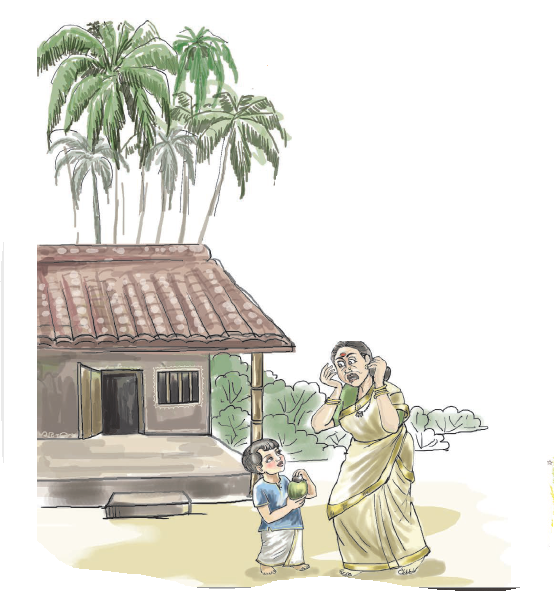 छोटे बच्चे ने सांप को नारियल के खोल में पकड़ा  है और यह देख उसकी नानी डर रही है। 