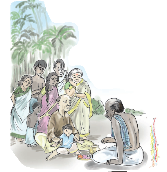 छोटा बच्चा और उसके नाना एक बूढ़े आदमी के सामने बैठे हैं। पीछे कुछ लोग परेशान होकर खड़े हैं। 