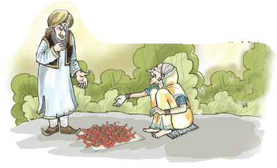 बूढ़ी औरत लाल मिर्च एक आदमी को बेच रही है