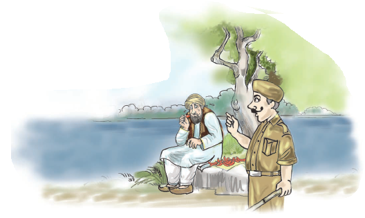 आदमी मिर्च खा रहा है और एक सिपाही उसको रोक रहा है।