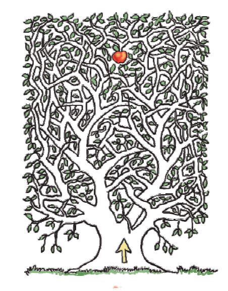 पेड़ पर एक फल है और उस तक पहुँचने का रास्ता पत्ते और डालियों से भरा  है। 