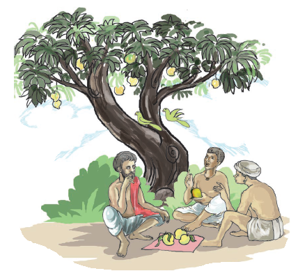 आम के पेड़ के नीचे कुछ आदमी बैठ कर आम खा रहे हैं। 